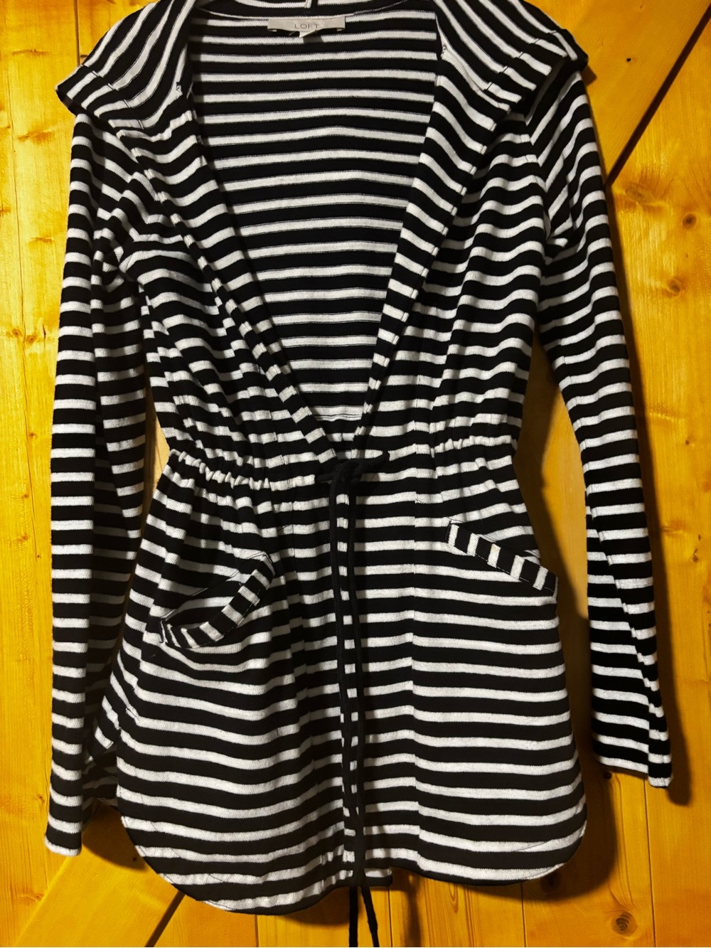 LOFT Striped Knit Hooded Cardigan Jacket Drawstring Waist Black White XS
